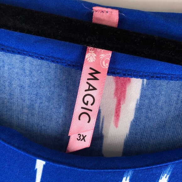 Magic Womens Blue Pink Ikat Print Tunic Shirt Shift Dress 3/4 Sleeve Size 3X - Picture 3 of 4